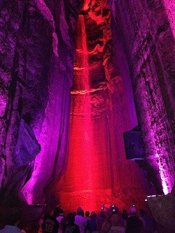 Colored lights shine on the 145 foot Ruby Falls, located in a cavern deep inside Lookout mountain