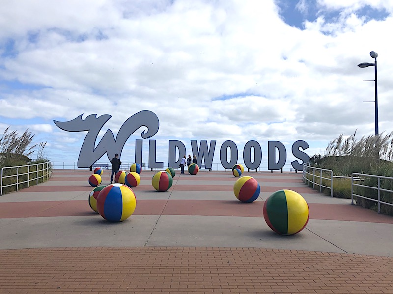 The Wildwoods sign in the center of town in front of the Atlantic Ocean