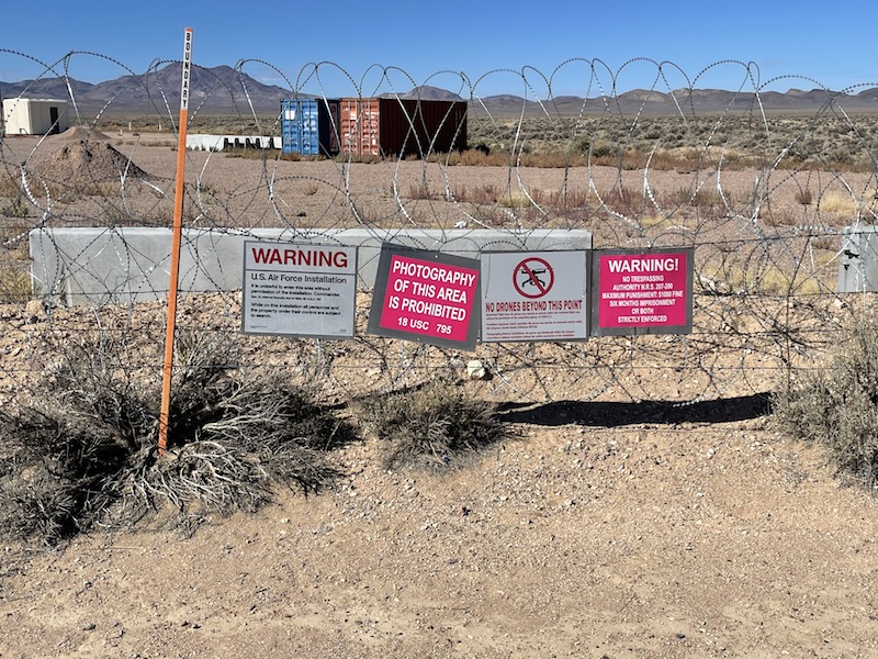 Warning signs at the entrance gate of Area 51 near Rachel, Nevada