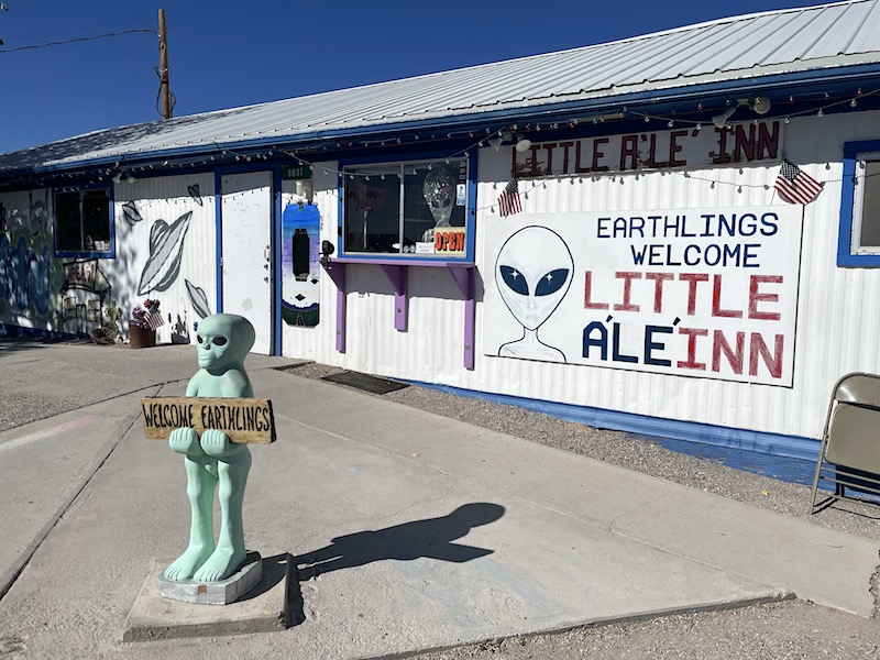 A statue of an extraterrestrial near the entrance to the Little A’le’Inn in Rachel, Nevada