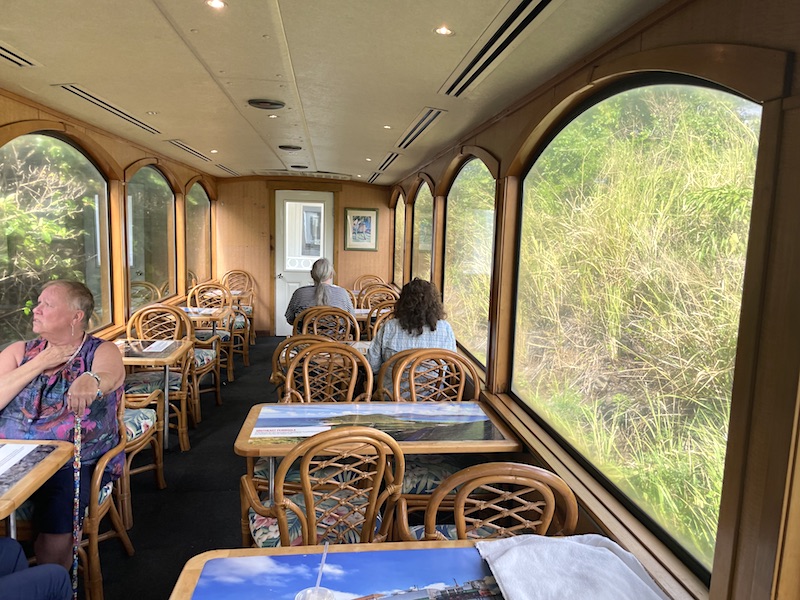The interior of an air-conditioned coach car on the St. Kitts Scenic Railway