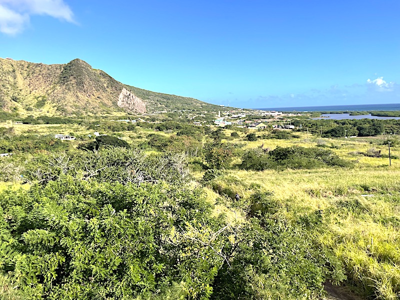 A view of the St Kitts coast showing coastal hills and the Caribbean Sea