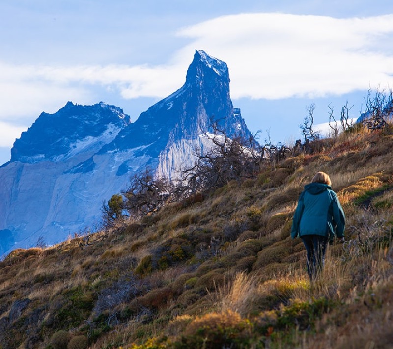 Hiking on the popular trail to Mirador Cuernos in Torres del Paine 
