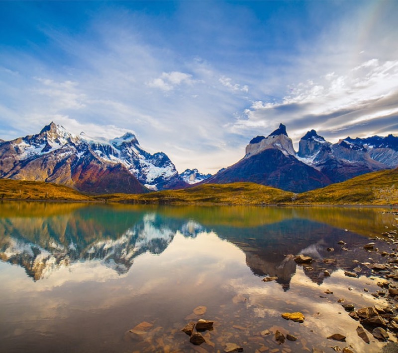 Photo on a day without wind in Lake Pehoe, Torres del Paine National Parlk