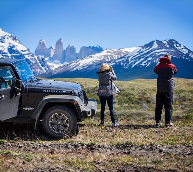 Stopping for photos and viewing around Torres del Paine National Park. The 3 towers in the background