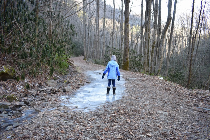 A patch of ice on Middle Prong Trail in the Smokies. This trail is one of my go-to hikes when it is icy as it is fairly wide and not too rocky.