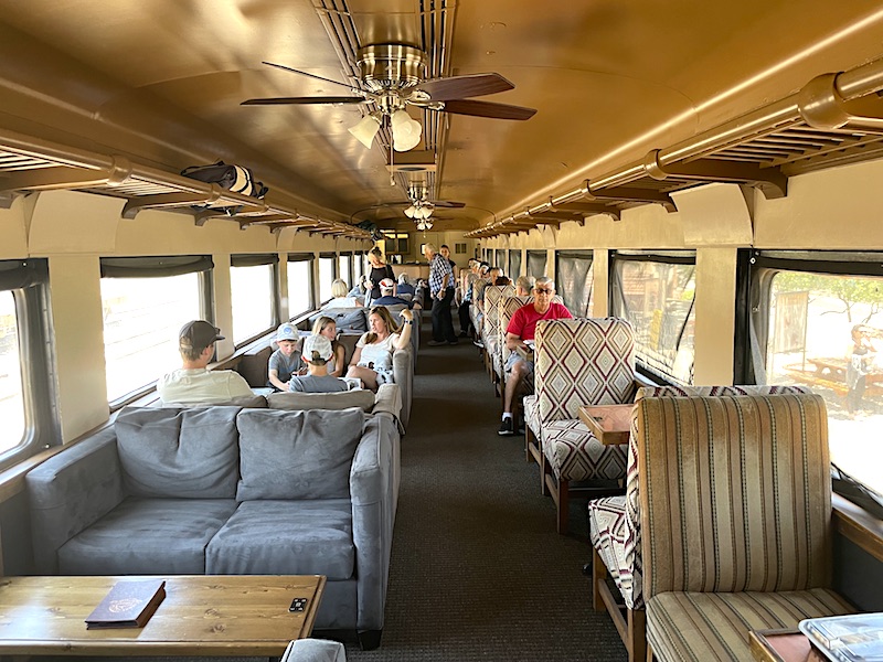 The interior of a refurbished 1930s 1050-style Budd Chair passenger car