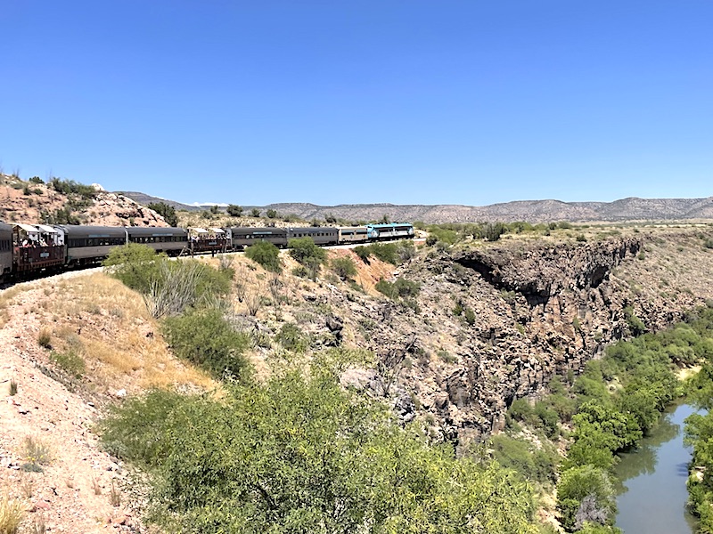 The Verde Canyon Railroad next to the Verde River before entering the Canyon Wilderness Route 