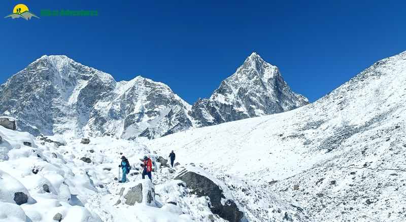 a group of trekkers climbing the Everest Base Camp trek