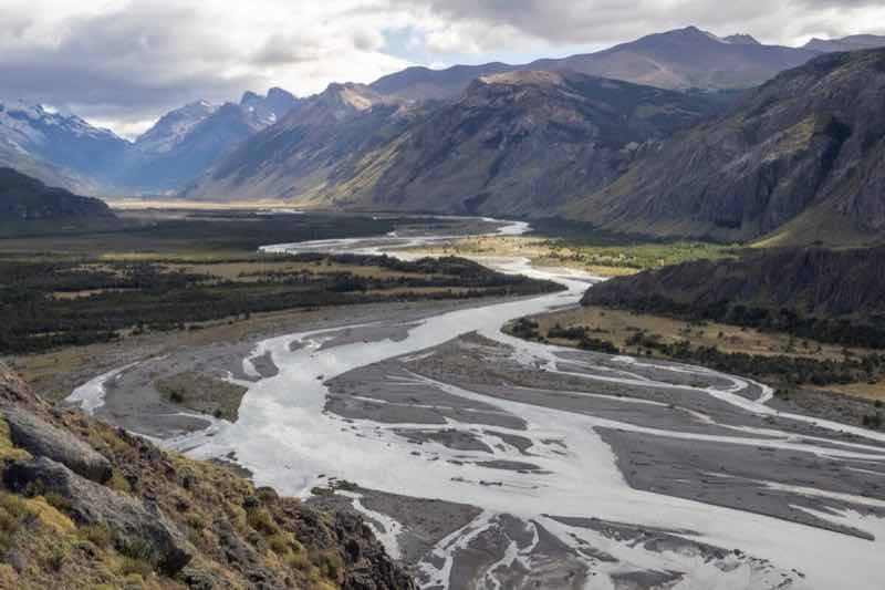 Panoramic view of the Vueltas river in Los Glaciares National Park on a hike from El Chaltén