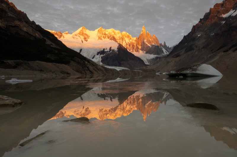 Sunrise at Laguna Torre, a must-do hike on a 2-week itinerary in Patagonia.