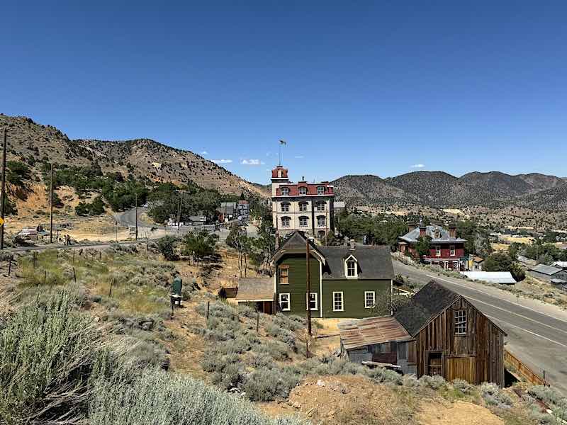 The road into Virginia City, Nevada, with the Historic Fourth Ward School Museum in the center.