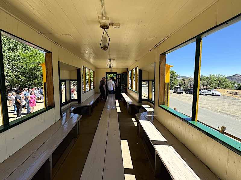 The interior of a passenger car of the Virginia and Truckee Short Line train