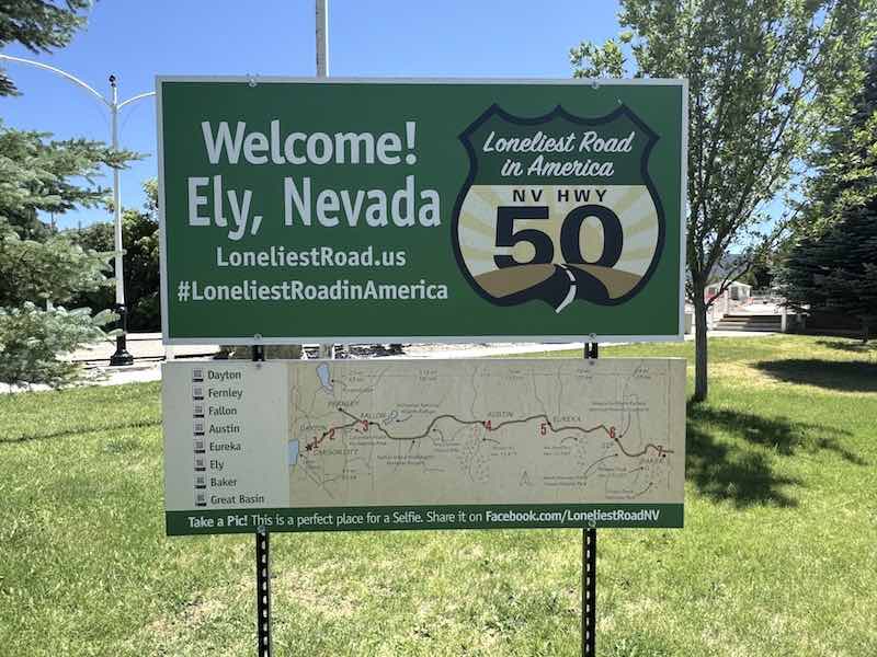 The “Loneliest Road in America” sign welcoming visitors to Ely, Nevada