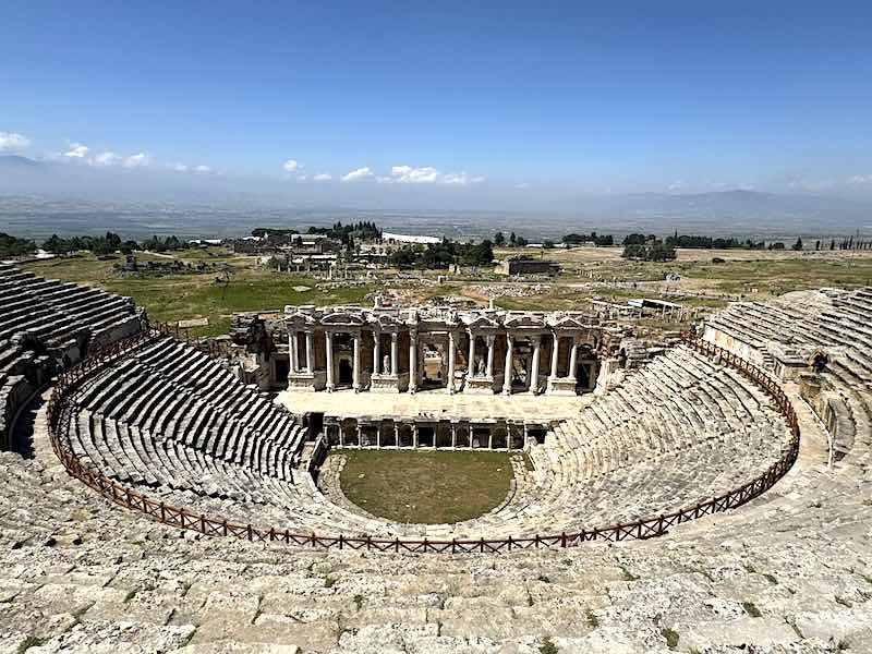 The theater at Hierapolis on a hill overlooking the town and Pamukkale