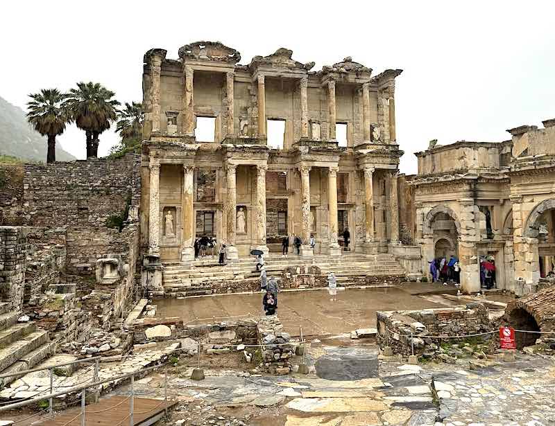 The facade of the Celsus Library, one of the most famous sites along the Curetes Way in Ephesus